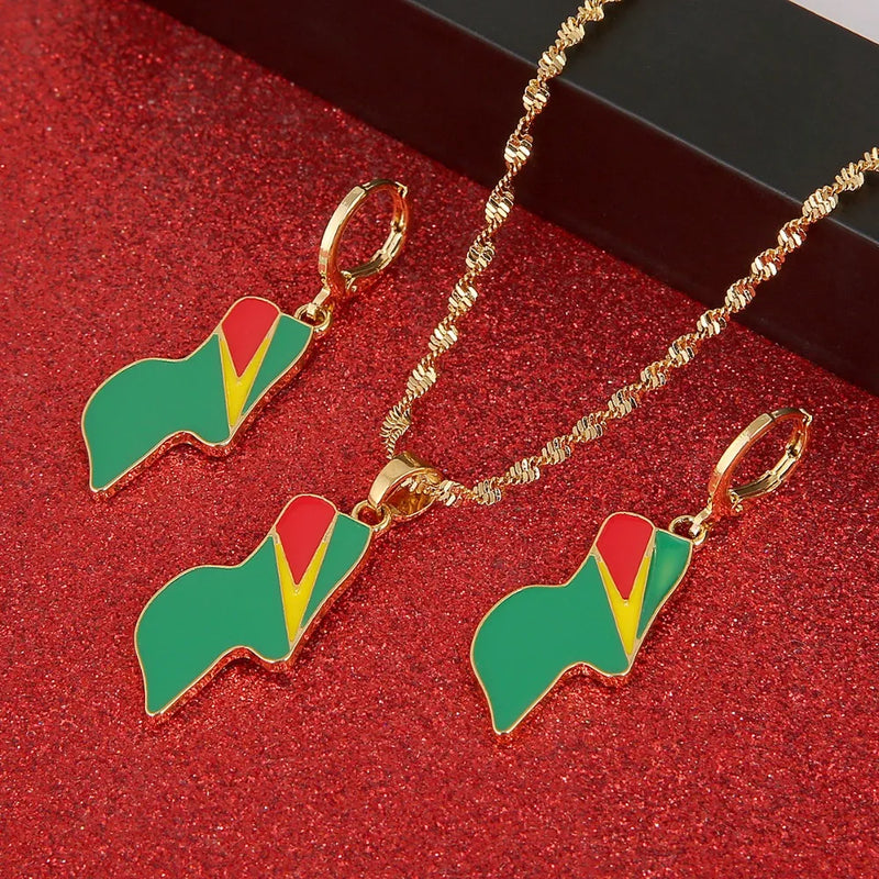 Guyana Flag Pendant Necklace Earrings - Guyana Jewelry