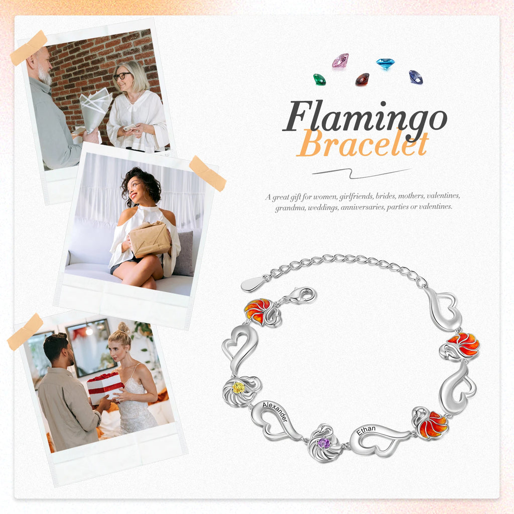 Flamingo Bracelet with Birthstone & Name Engraving - Birthday Gift