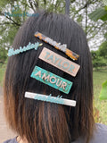 Classic Turquoise & Pink Word Hair Barrette
