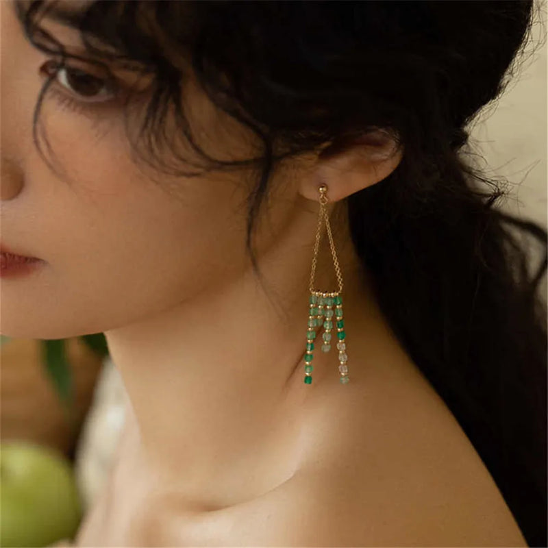 Green Agate Tassel Drop Earrings Copper Plated Charm Jewelry