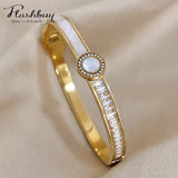316L Stainless Steel Round Charm Shell Zircon Bangles for Women
