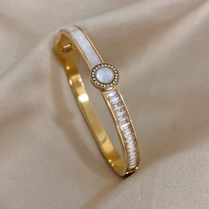 316L Stainless Steel Round Charm Shell Zircon Bangles for Women