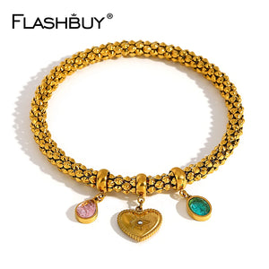 Green Crystal Heart Charm Bangles Bracelet for Women