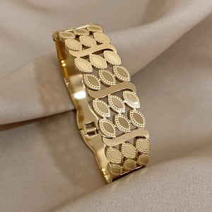 Charm Leaf Wide Bangle Bracelet Stainless Steel Jewelry