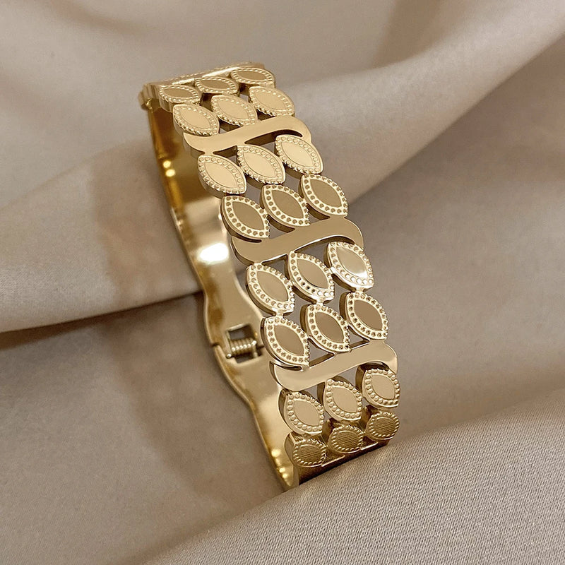Charm Leaf Wide Bangle Bracelet Stainless Steel Jewelry