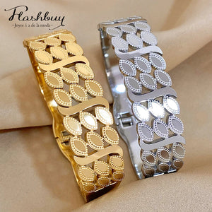 Charm Leaf Wide Bangle Bracelet Stainless Steel Jewelry