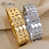 Charm Leaf Wide Bangle Bracelet Stainless Steel Jewelry