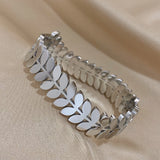 Chunky Leaf Charm Wide Steel Bangle Bracelet for Women