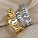 Chunky Leaf Charm Wide Steel Bangle Bracelet for Women