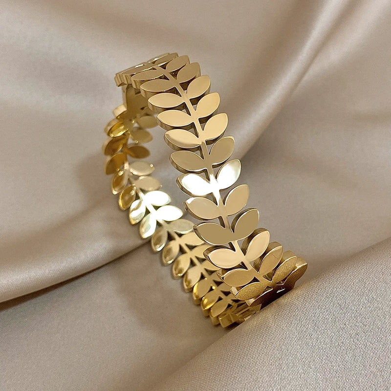 Chunky Leaf Charm Wide Steel Bangle Bracelet for Women
