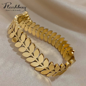 Chunky Leaf Charm Wide Steel Bangle Bracelet for Women