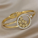 Rhinestone Charm Flowers Steel Bangles Bracelets Women