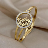 Rhinestone Charm Flowers Steel Bangles Bracelets Women