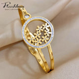 Rhinestone Charm Flowers Steel Bangles Bracelets Women