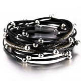 Multilayer Leather Bracelets for Women with Alloy Beads and Rhinestone Chain