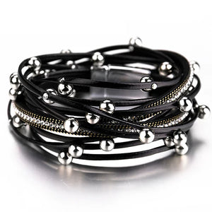 Multilayer Leather Bracelets for Women with Alloy Beads and Rhinestone Chain