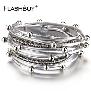 Multilayer Leather Bracelets for Women with Alloy Beads and Rhinestone Chain