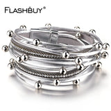 Multilayer Leather Bracelets for Women with Alloy Beads and Rhinestone Chain