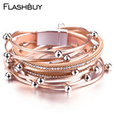 Multilayer Leather Bracelets for Women with Alloy Beads and Rhinestone Chain