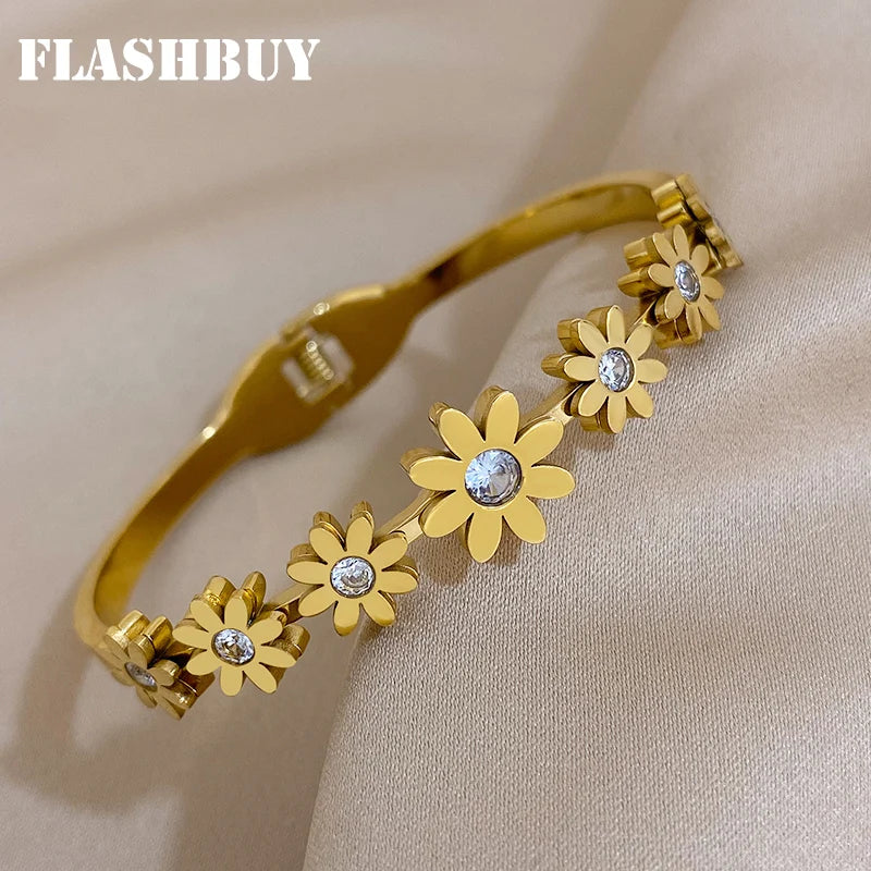 Rhinestone Flowers Bracelet Stainless Steel Charm Gift