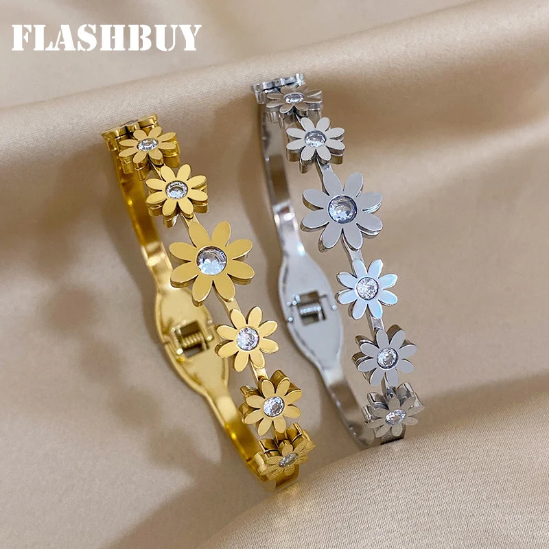 Rhinestone Flowers Bracelet Stainless Steel Charm Gift