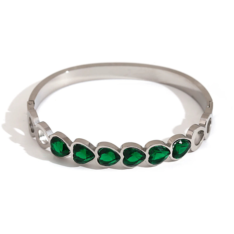 Green Crystal Heart Stainless Steel Bangles for Women