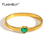 Green Crystal Heart Stainless Steel Bangle Bracelet Women Plated Jewelry