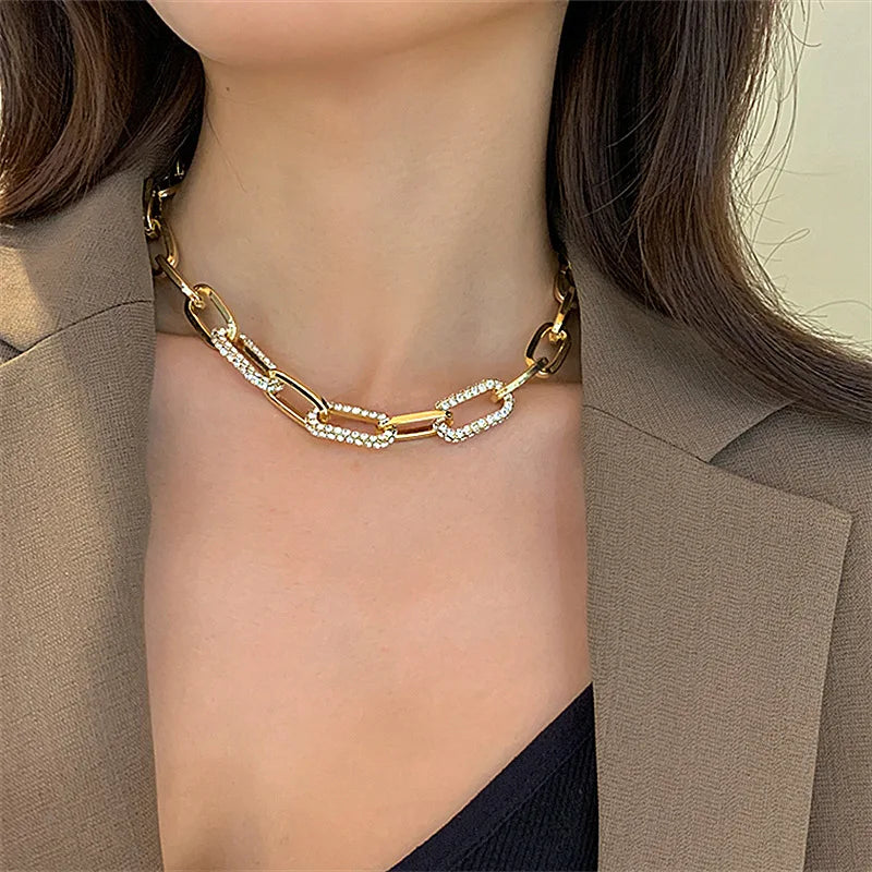 Punk Rhinestone Chain Choker Necklace Collar Padlock