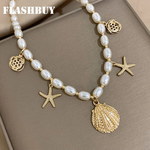 Shell Starfish Pearl Necklace Women Statement Jewelry