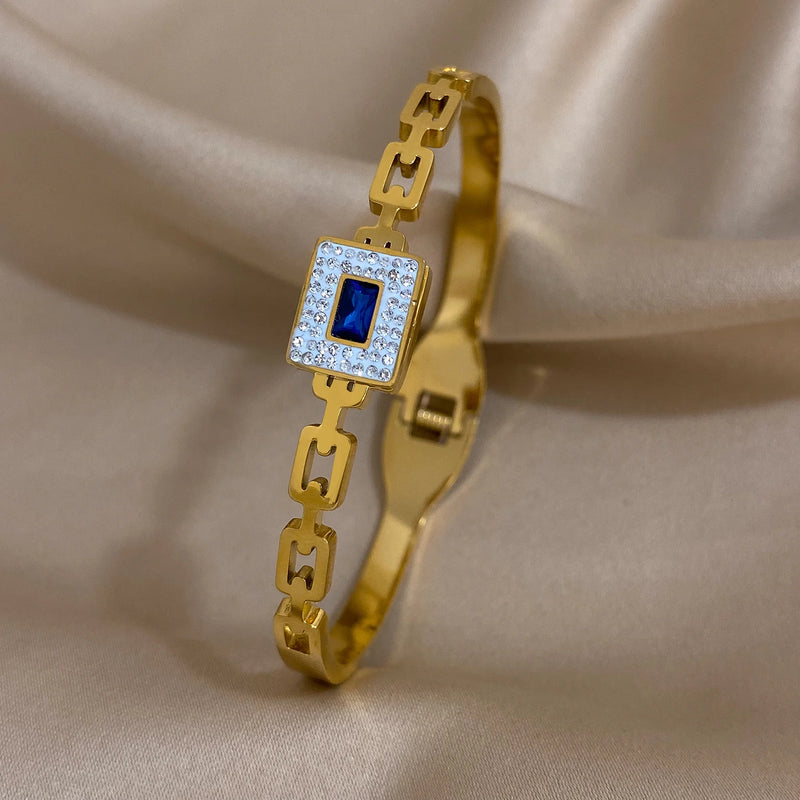 Stainless Steel Inlaid Stone Square Bracelets Rhinestones For Women