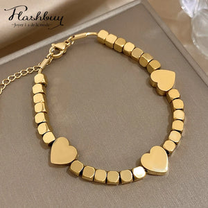 Cube Chain Heart Charm Bracelet - Stainless Steel Women's Wrist Jewelry Gift