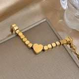 Cube Chain Heart Charm Bracelet - Stainless Steel Women's Wrist Jewelry Gift