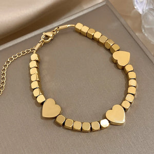Cube Chain Heart Charm Bracelet - Stainless Steel Women's Wrist Jewelry Gift