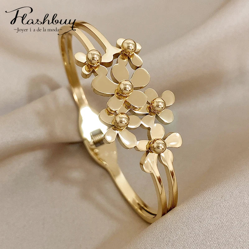 Titanium Steel Metal Flowers Charm Bracelet Bangle Unique Jewelry Gift