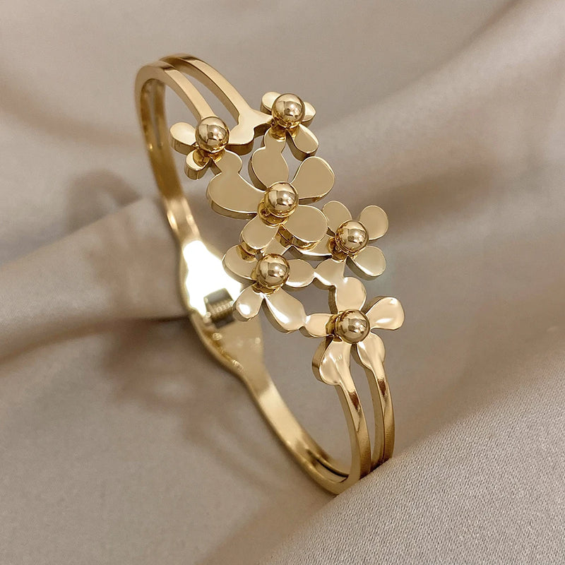Titanium Steel Metal Flowers Charm Bracelet Bangle Unique Jewelry Gift