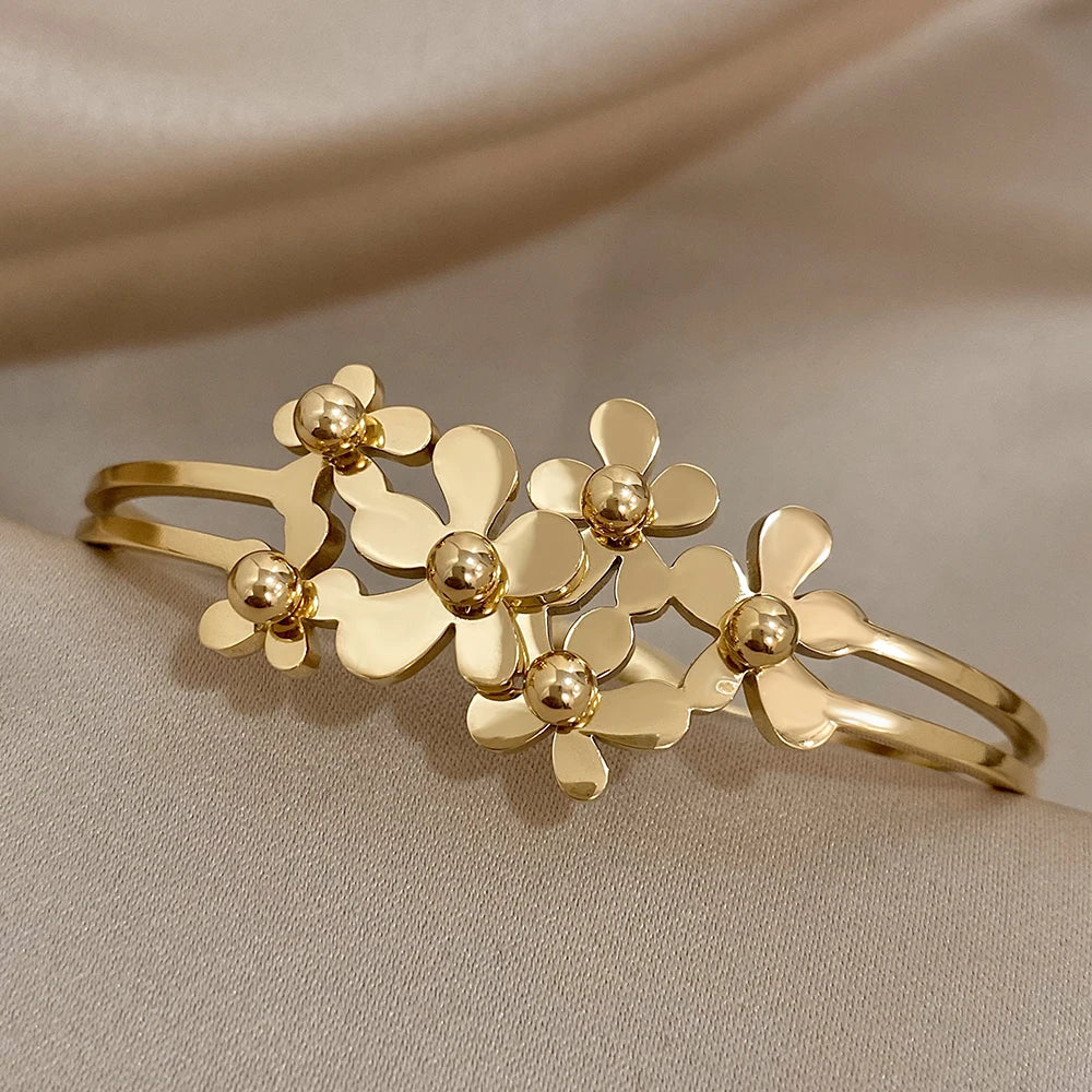 Titanium Steel Metal Flowers Charm Bracelet Bangle Unique Jewelry Gift