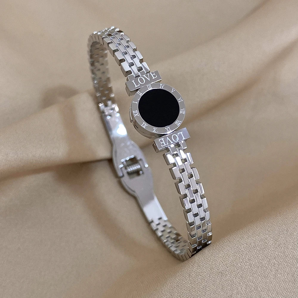 Vintage Roman Letters Wide Bracelet Bangle Titanium Steel