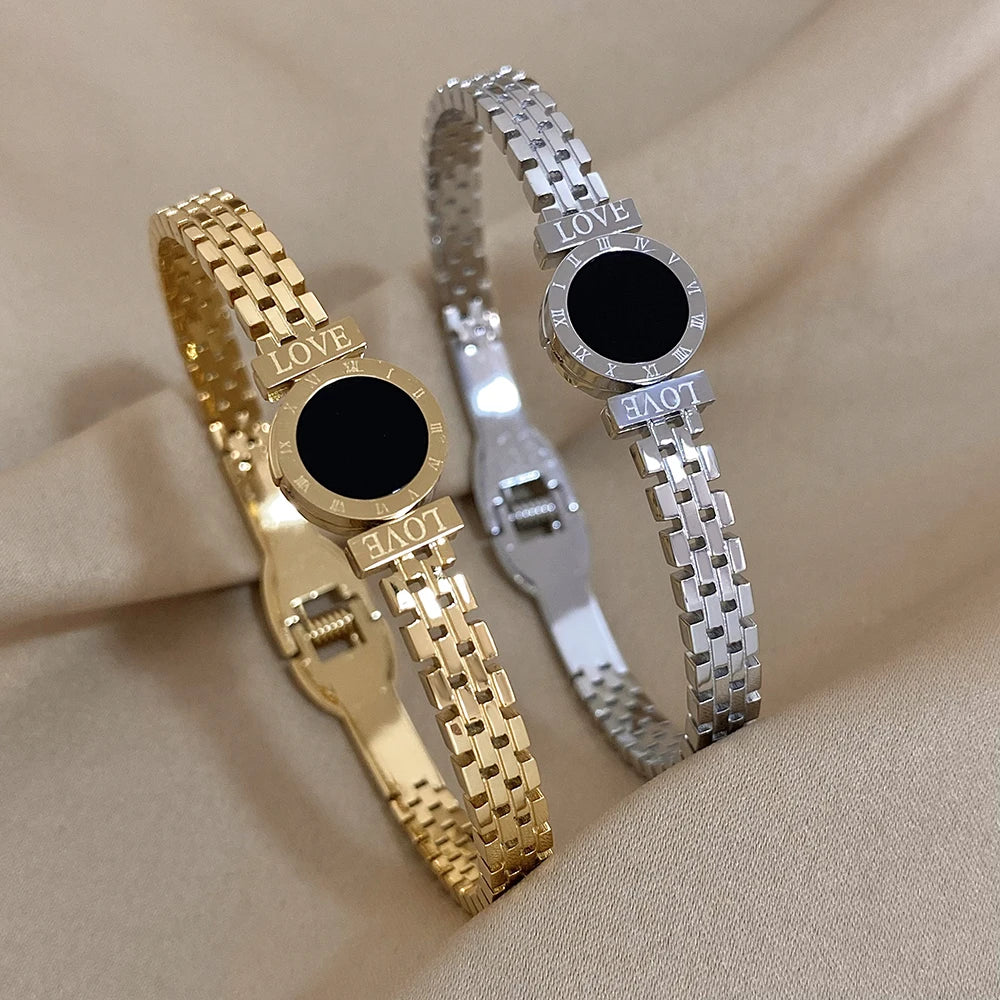 Vintage Roman Letters Wide Bracelet Bangle Titanium Steel