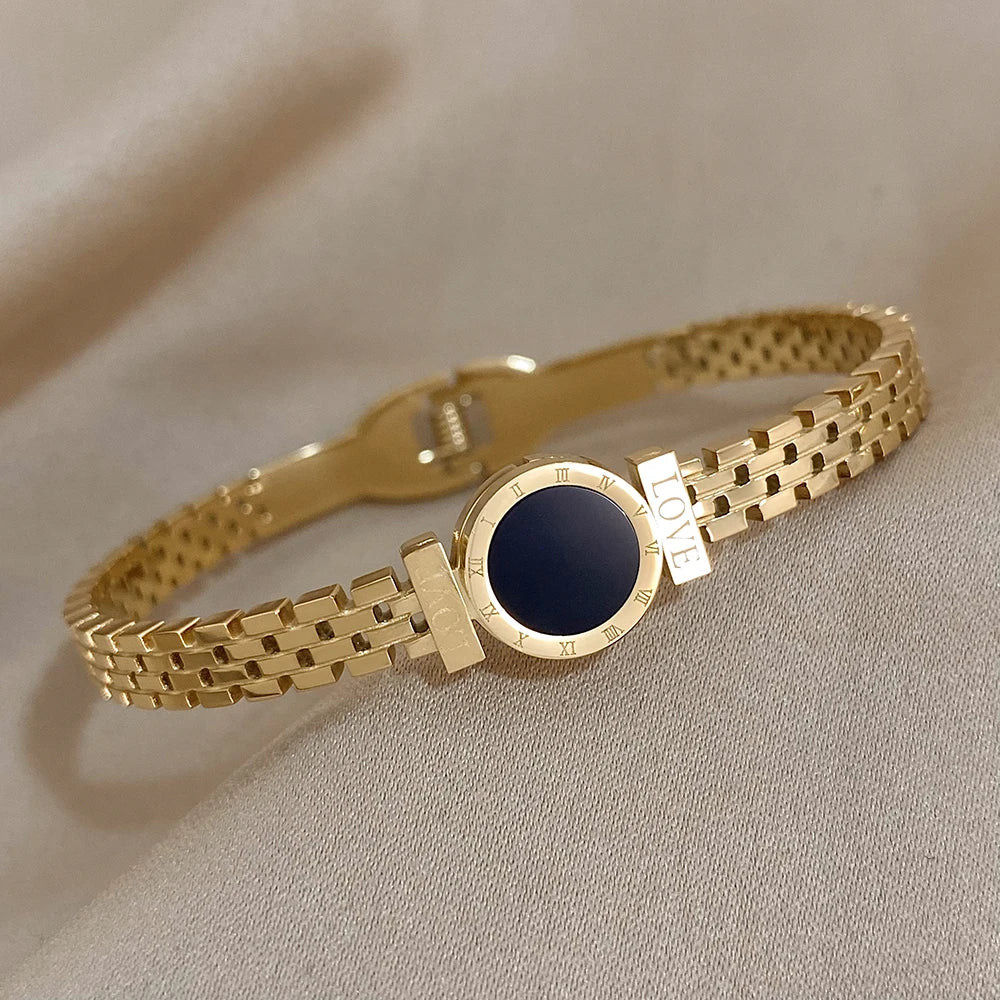 Vintage Roman Letters Wide Bracelet Bangle Titanium Steel