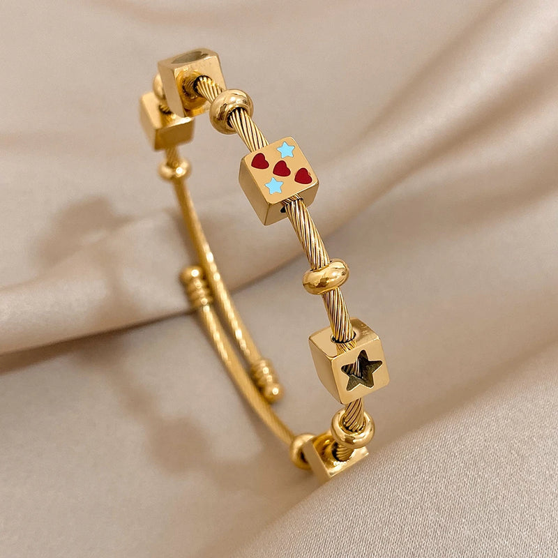 Heart Love Stars Charm Stainless Steel Bangle Bracelet 18k Plated Jewelry