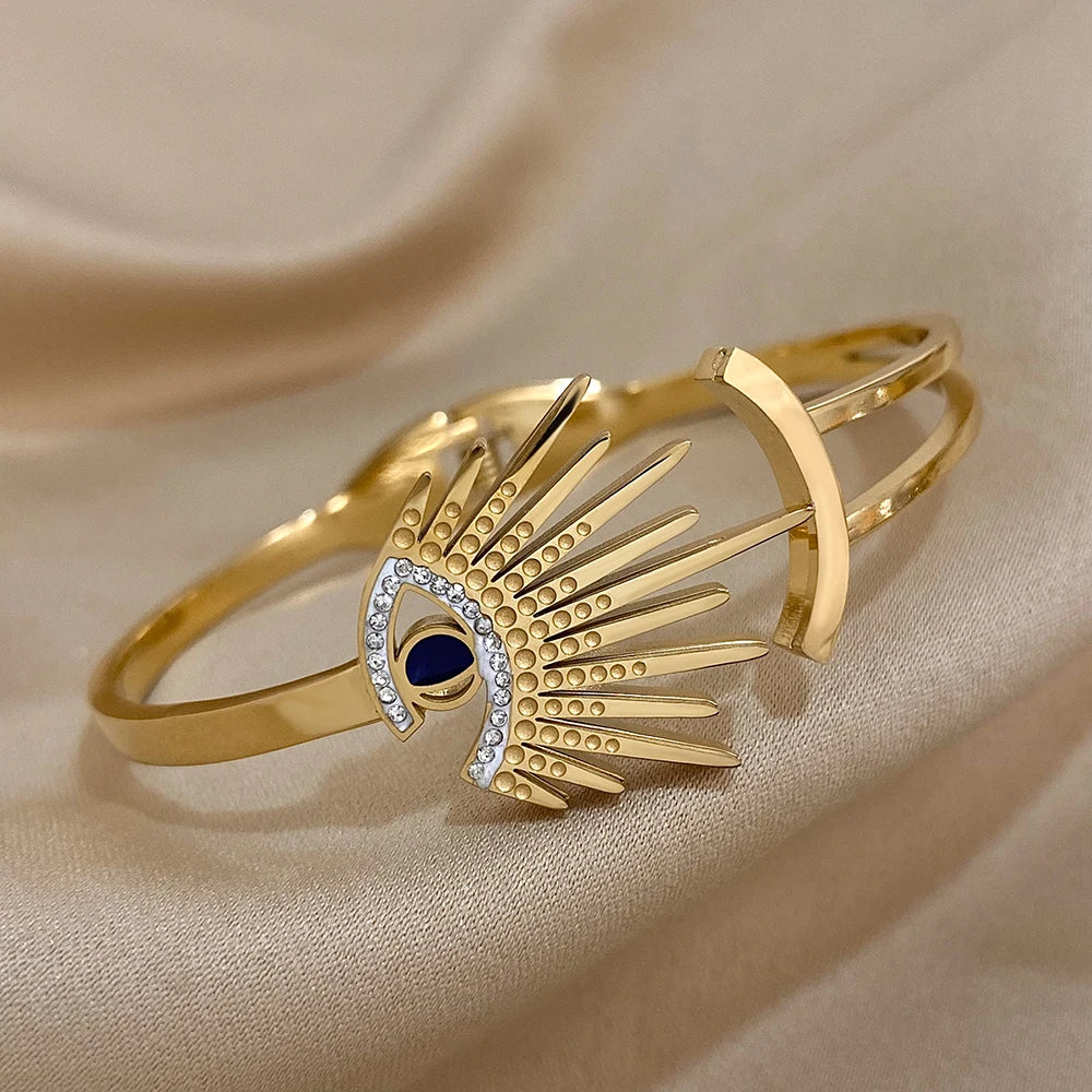 Vintage Inlay Rhinestones Eyes Stainless Steel Bracelet Bangle For Women