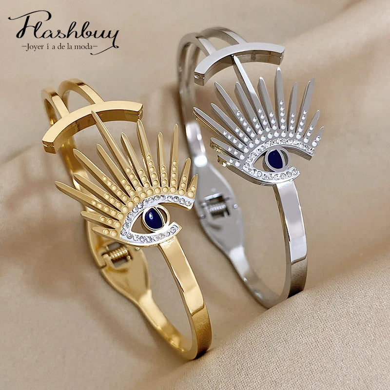 Vintage Inlay Rhinestones Eyes Stainless Steel Bracelet Bangle For Women
