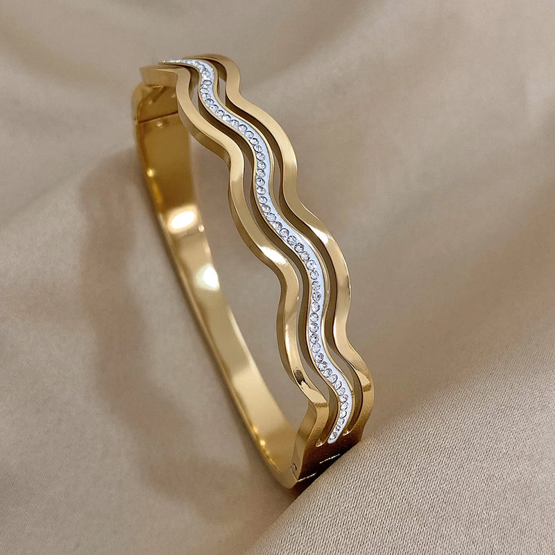 Rhinestone Wave Stainless Steel Bracelet Bangle for Women