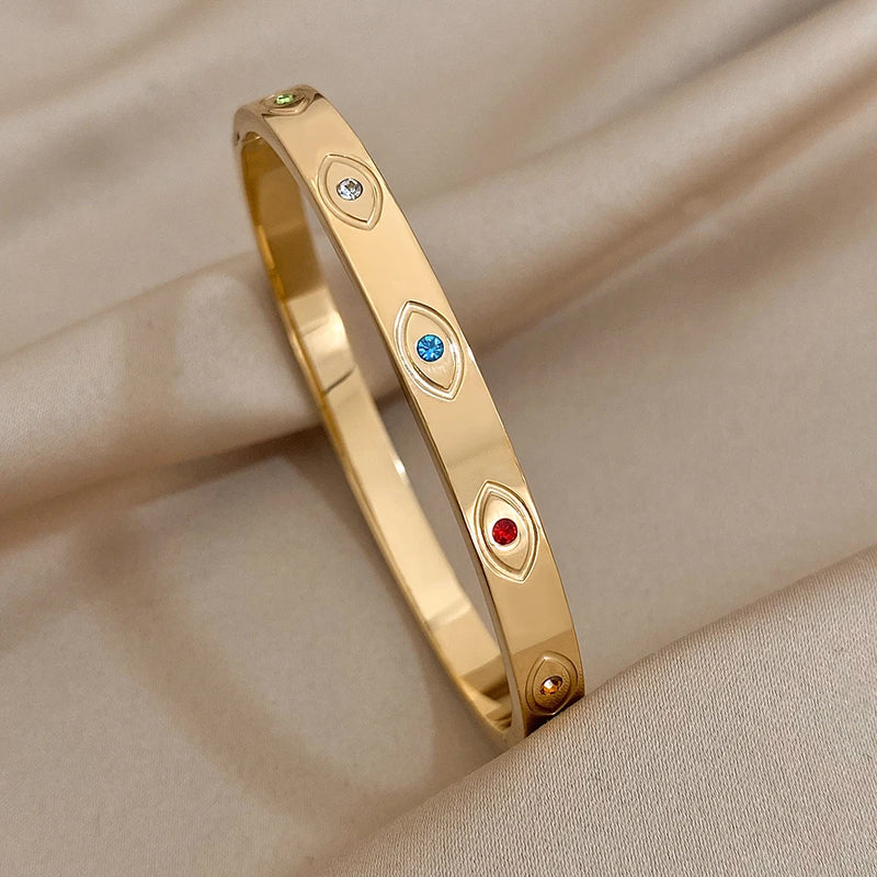 Multicolor Rhinestones Charm Eye Stainless Steel Bangle