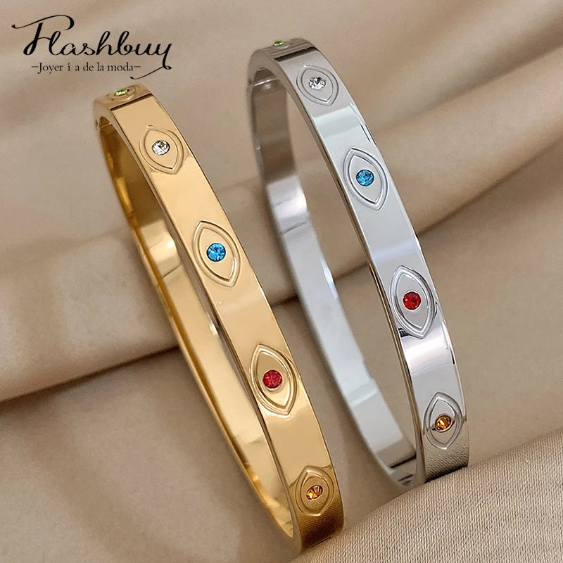Multicolor Rhinestones Charm Eye Stainless Steel Bangle