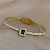 Green Square Zircon Stainless Steel Bangle Bracelet for Women