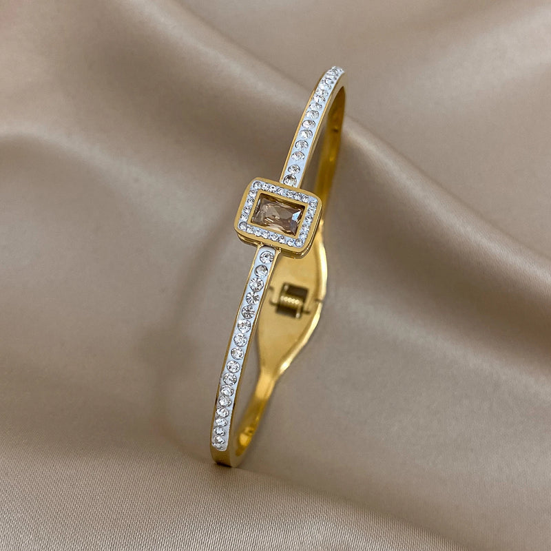 Green Square Zircon Stainless Steel Bangle Bracelet for Women