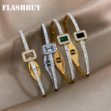 Green Square Zircon Stainless Steel Bangle Bracelet for Women