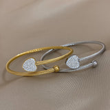 Zircon Heart Charm Stainless Steel Bangle Bracelet