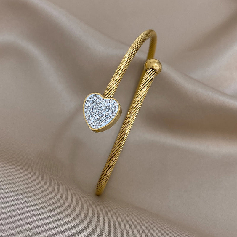 Zircon Heart Charm Stainless Steel Bangle Bracelet